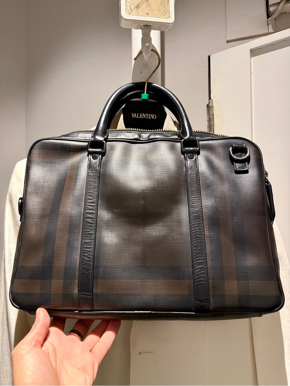 Burberry Black and Brown Plaid Leather Briefcase